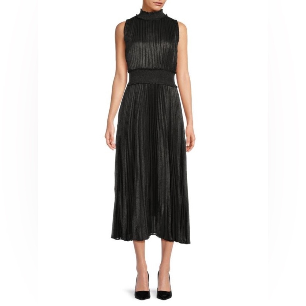 🆕 NWT Nannette Lepore black gold shimmer pleated midi dress Sz 8 H14